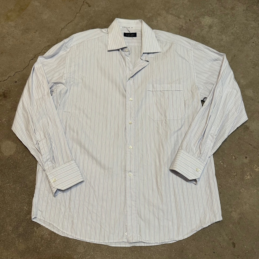 Canali Dress Shirt Men 17 43 XL White Blue Purple Striped Button Down Italy Made